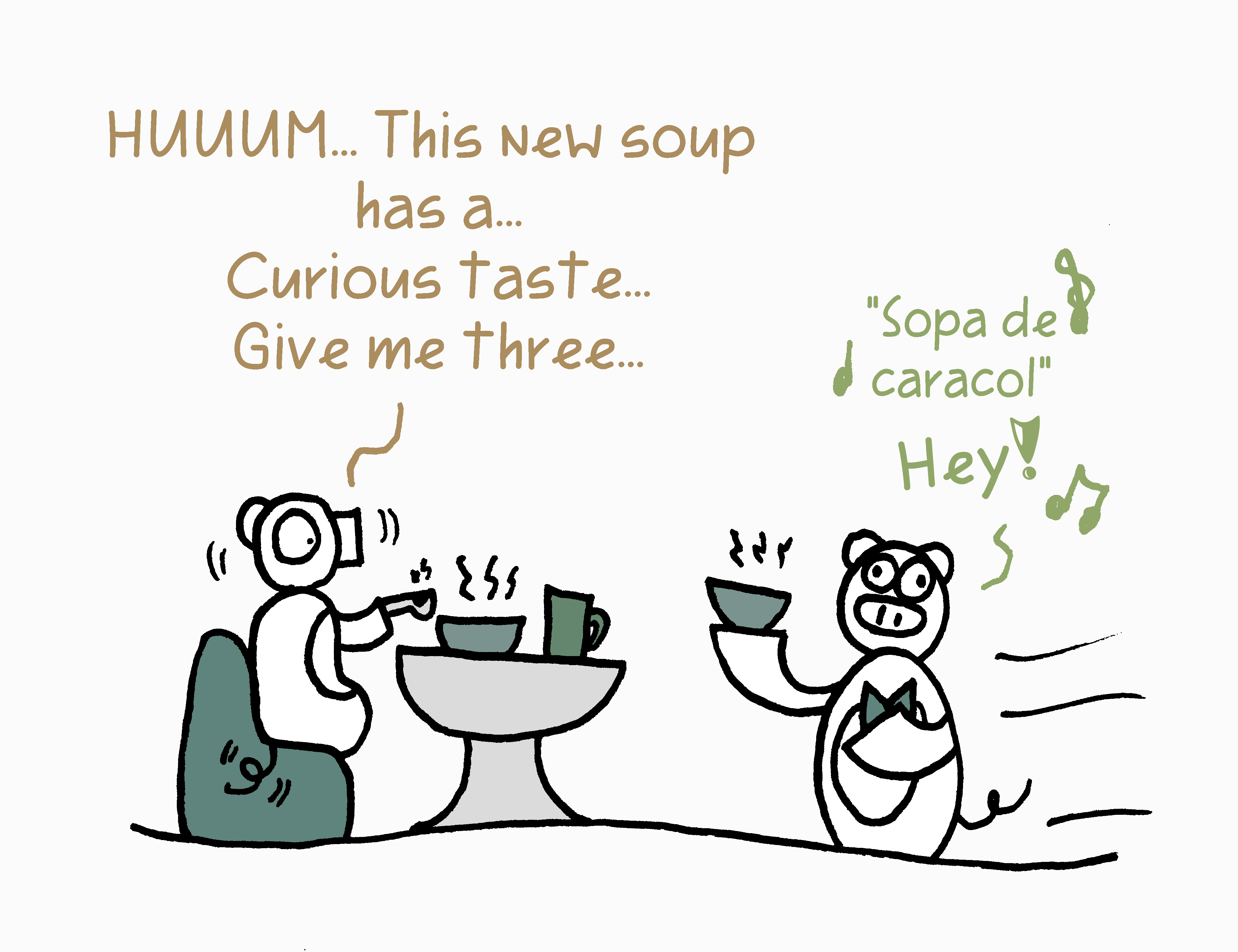 Pig in a restaurant having a snail soup