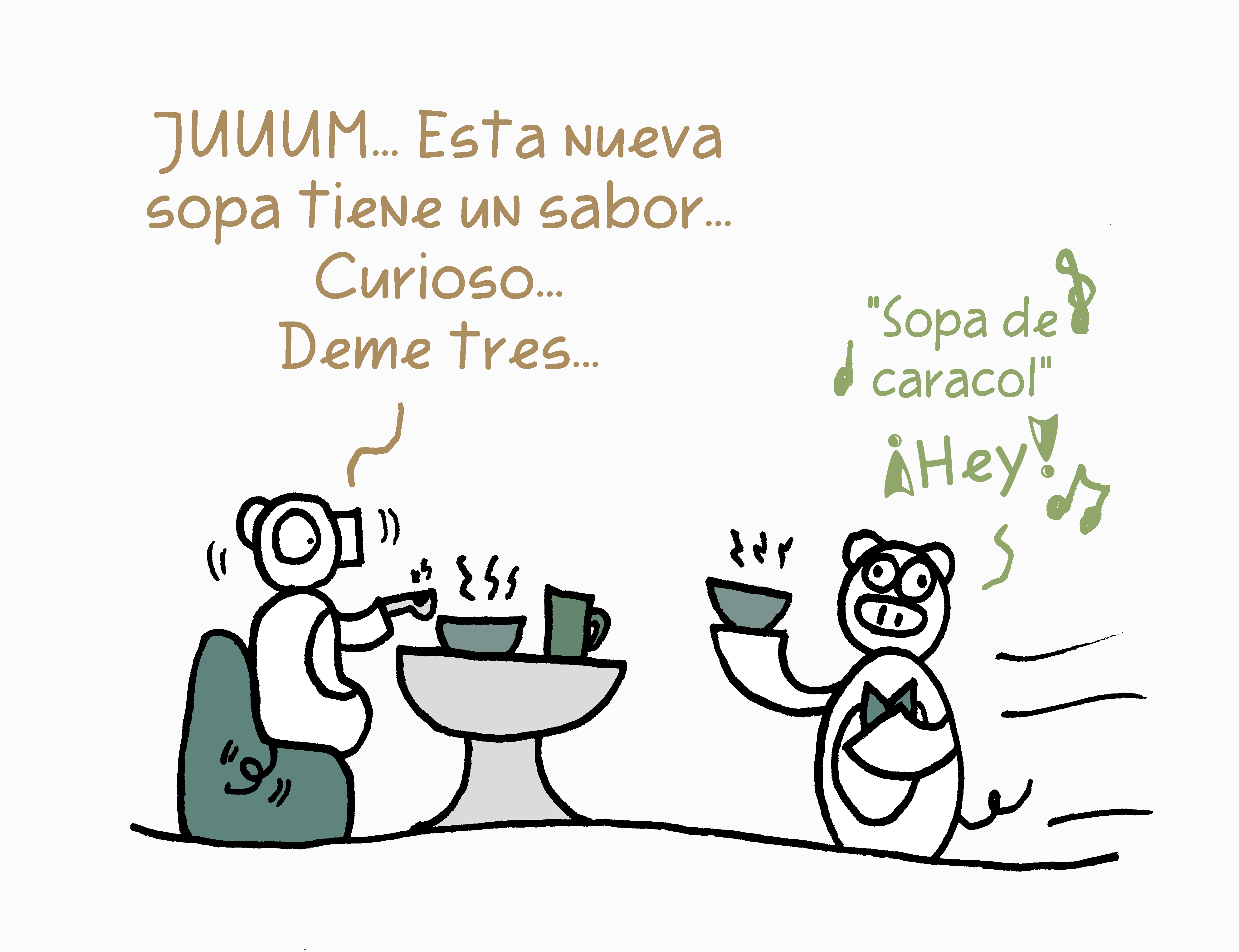 Cerdo en restaurante tomando sopa de caracol